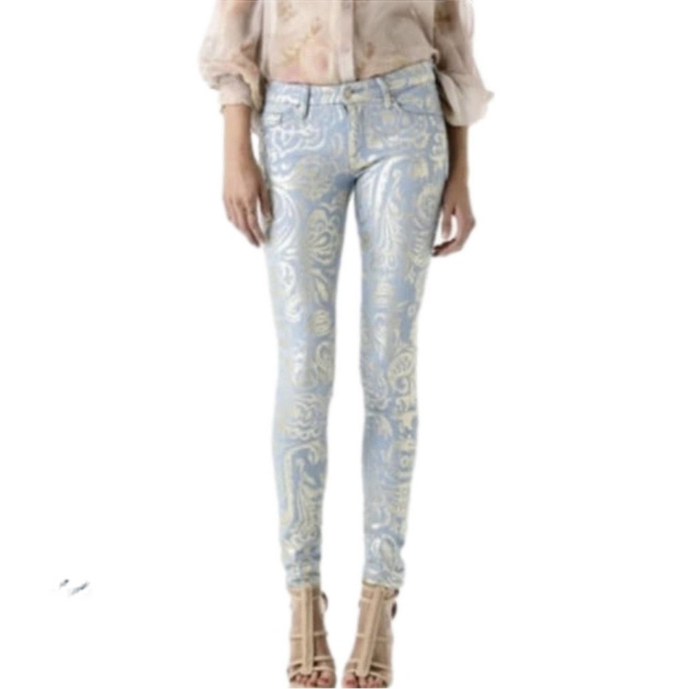 MOTHER THE LOOKER Gold Rush Baby Blue Stencil Long Skinny Denim Jeans Sz 26
